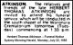 ATKINSON Herbert Thomas 1985 Funeral Notice