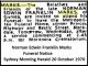 MARKS Norman Edwin Franklin 1970 Funeral Notice